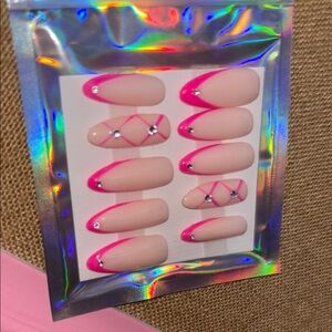 Pink and Nude Press-On Nails with Rhinestones